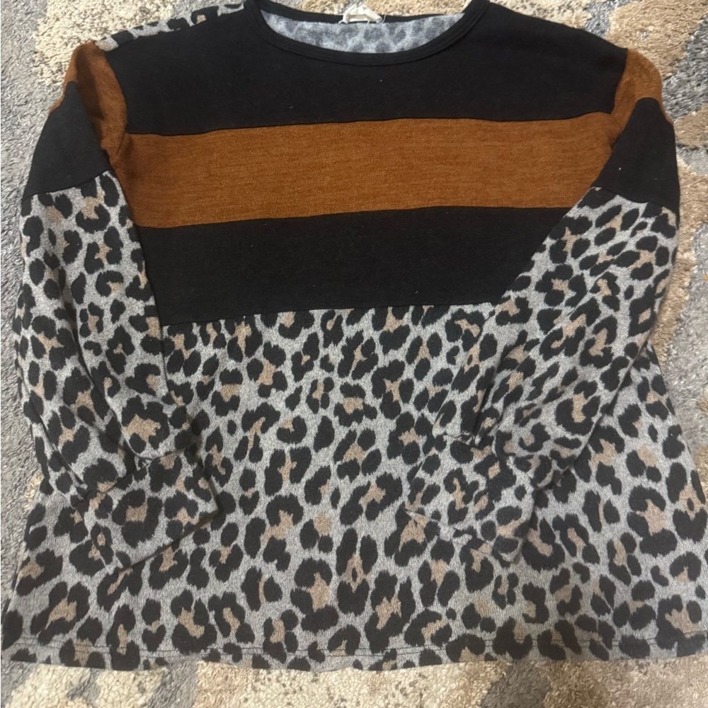 Leopard Print Sweater with Black and Brown Stripes